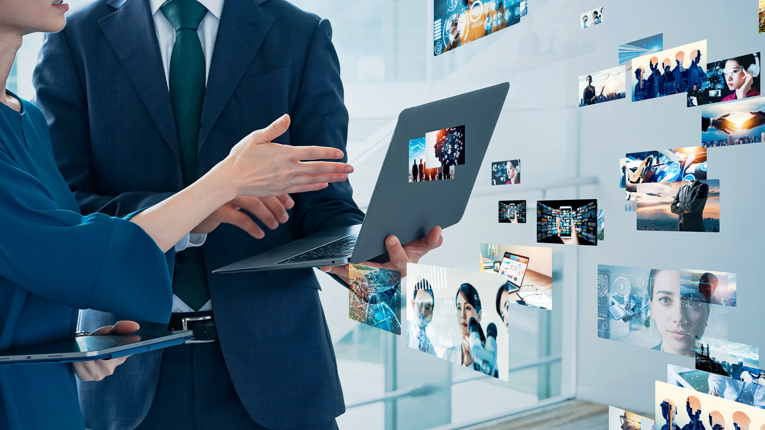 Businessperson using a tablet with digital network icons, representing compliance and administrative management for a representative office