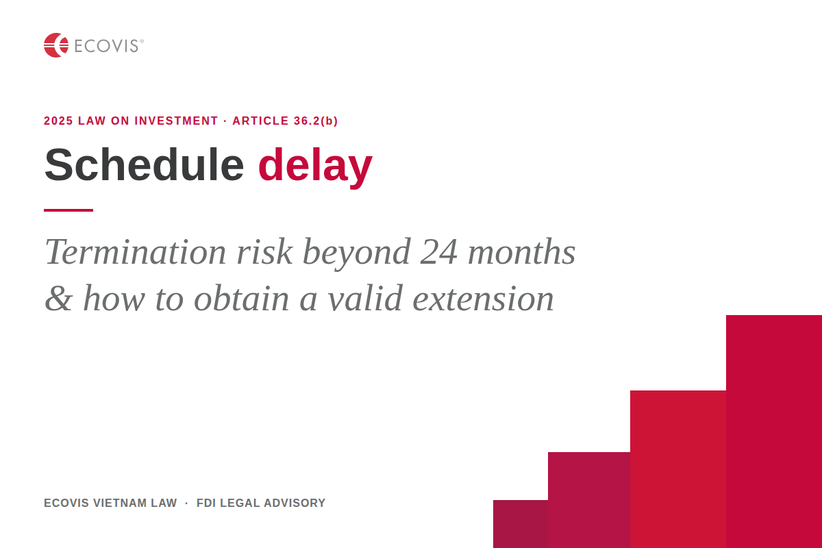 Infographic titled Schedule Delay, illustrating the 24-month termination risk under Article 36.2(b) and the process to obtain a valid extension