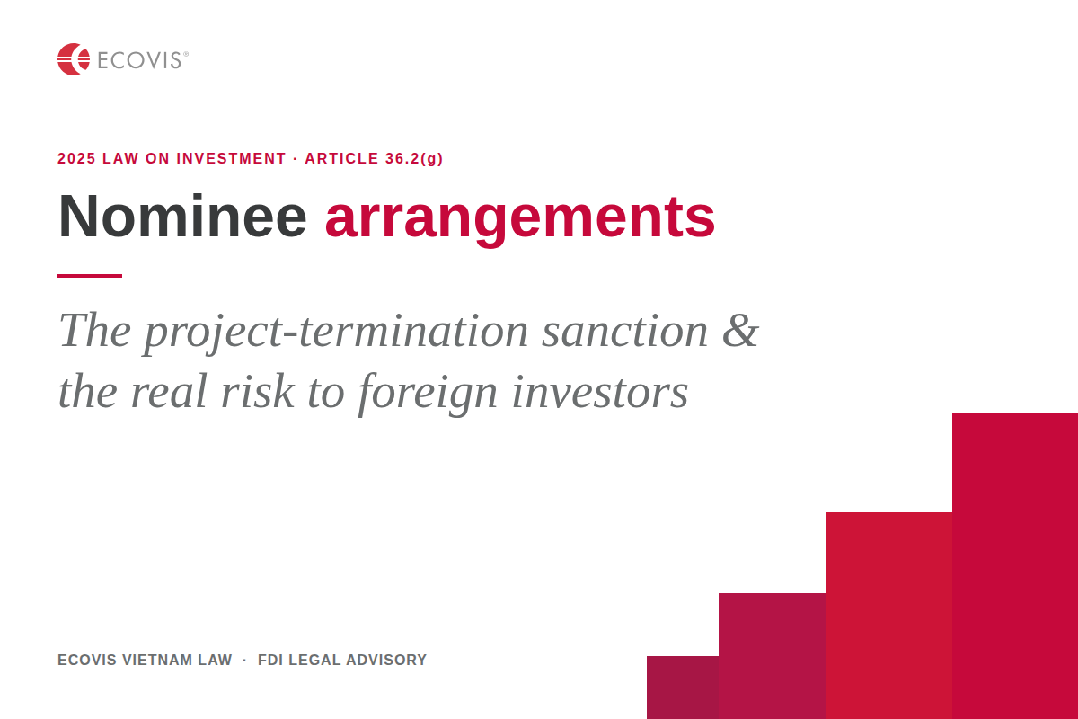 Infographic titled Nominee Arrangements, illustrating the project-termination sanction and risk to foreign investors under Article 36.2(g)