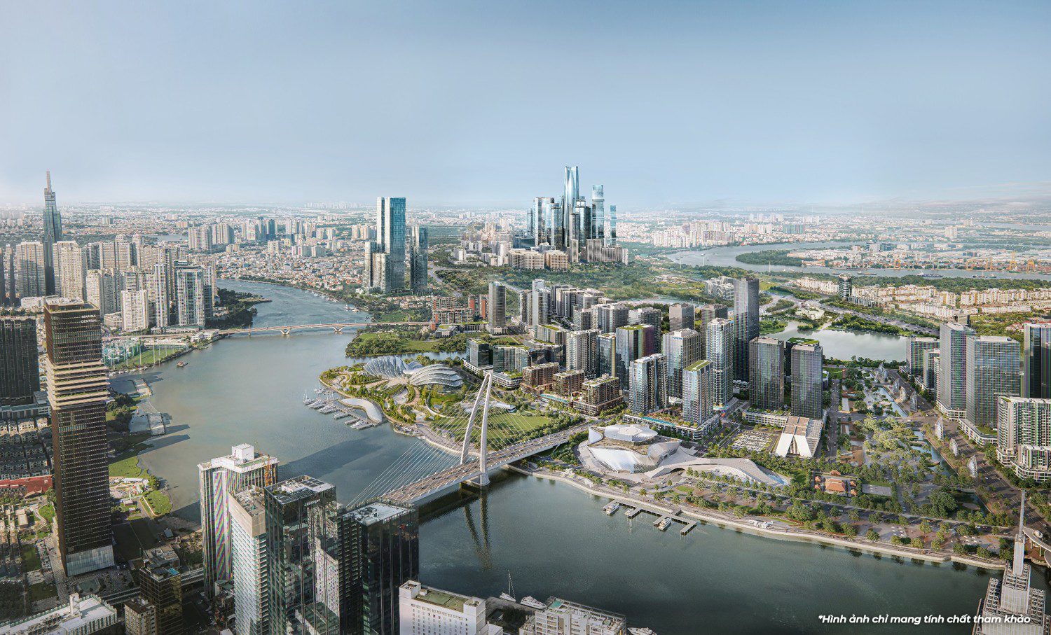 Ho Chi Minh City looking towards the Thu Thiem financial district across the Saigon River — artist's impression of the 2030 masterplan