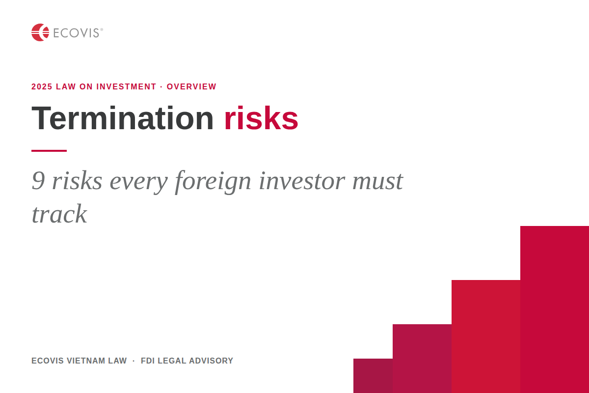 Infographic titled Nine Risks Every Foreign Investor Must Know, illustrating project-termination risks under Article 36 of the 2025 Law on Investment